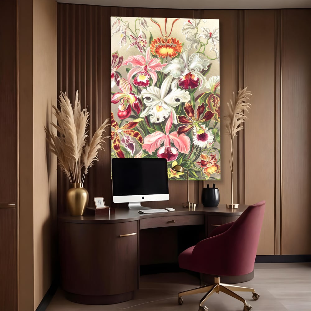 Tablou canvas cu ilustratie botanica cu orhidee multicolore, fara rama, pe sasiu de lemn, pe perete intr-un birou